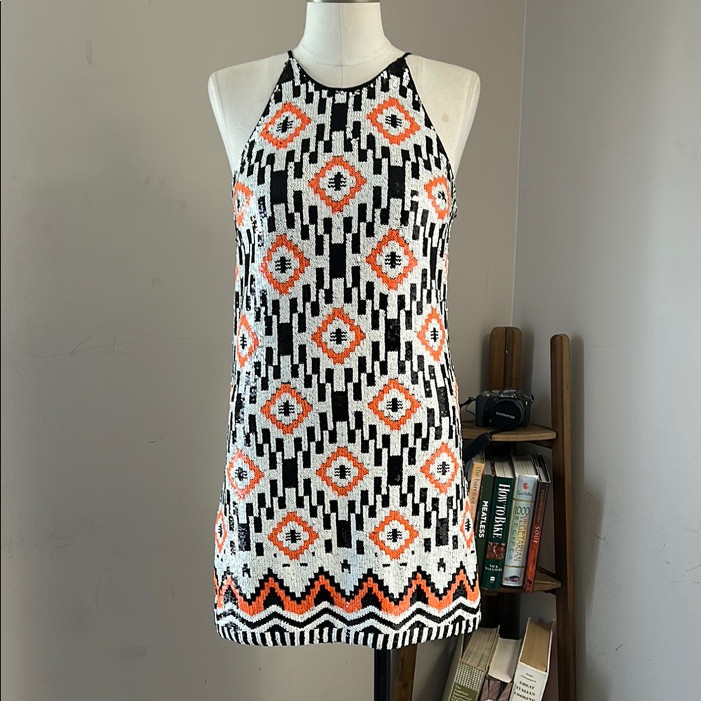 Dress the Population Sequin Black Orange White Halter Sheath Mini Dress size S